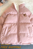 Japan Heart Embroidery Women Parkas Coat Winter Thick Hairy Cute Loose Warm Jacket Double Sided Design Pink Chic