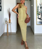 Beige Draped Halter Neck Knit Midi Dress-Outfit