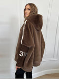 Fongt Autumn And Winter New Women's Casual Loose Long-Sleeved Hood Splicing Plush Fur Coat Women