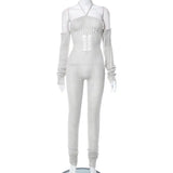 Fongt Women's 2023 Autumn And Winter 2023 New Woolen Sleeve Hanging Neck Tie Hollow Jumpsuit Pile