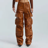 Fongt Cargo Pants Fall 2024 New Personality Splicing Loose PU Leather Pants Casual Wide-Leg Pants Women-Outfit