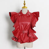 Casual Patchwork Leather Coats For Women Lapel Ruffles Sashes Short Slim Jackets High Street Female 2022 Spring