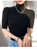Women Half Turtleneck Slim Half Sleeve T Shirts Lady Threaded Fabric Elegant Stretchy Tops Tees Female Basic Sheath T-Shirt-Outfit