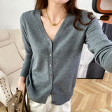 Fongt New Spring And Fall Thin Knit Women's Cardigan Long Sleeve V Neck Short Sweater Small Shawl Coat Jacket-Outfit