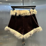 Low Waist Lace-up Fur Trim Shorts-Outfit