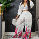 African Sexy Beach Pleated Suit Two Piece Sets Womens Outfits Summer Clothes Bat Sleeve Crop Top Wide Leg Trousers