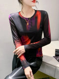 S-3XL New Vague Printing Mesh T-shirt Women's Round Neck Long Sleeve High Stretch Light Fabric Tees Tops-Outfit