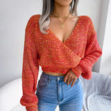 Fongt Wind Real Autumn And Winter Color Cross V Neck Lantern Sleeve Open Umbilly Sweater Women's Clothing