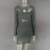Fongt Explosion Women's Lily Hot Diamond Sexy Half-Perspective Long-Sleeved Short
