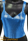 V Neck Slim Metal Sequins Tops Camisole 2023 Shiny Solid Sleeveless Spaghetti Strap Fashion Celebrity Nightclub Party