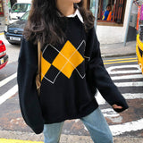 Vintage Argyle Print Round Neck Sweater-Outfit