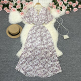 Fongt Wind Temperament Sweet Broken Flower V Collar Dress Beach Vacation Snow Spinning A Word Long Skirt-Outfit