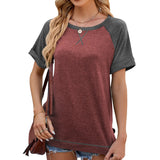 / Summer 2024 New Round Collar Short Sleeve Split Color Splicing Loose T-Shirt-Outfit
