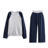 Fongt 2023 New Denim Splicing Hoodie Elastic Waist Patchwork Color Pants Suit 0085844-Outfit