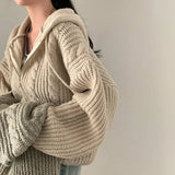 Cable Knit Oversized Zip Up Hooded Cardigan-Outfit