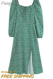 Vintage Long Sleeve Green Floral Dress Women Spring Autumn Slit Long Maxi Dress 2023 Leaf Print Boho Dress Vestidos