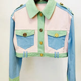 STREET Newest 2022 Fashion Designer Tops Women's Casual Color Block Gold Buttons Pockets Patchwork Crop Denim