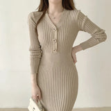 Autumn Mid-Length Skirt Temperament V-Collar Light Ripe Apricot Trim Skirt Knitting Stretch Thin Buttocks Wool Skirt-Outfit