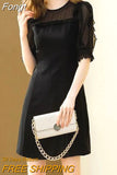 Autumn 2023 Round Neck Hollow Out Solid Color A-line Dresses Elegant Fashion Temperament Waist Chic Grace Chiffon