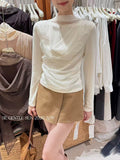 Fongt Xixi 2025 Autumn White Standard Elegant Temperament Chiffon Neck Thin Knitted Small Shirt 89631