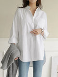 Women Blouse Casual Loose Cotton Lady Soild Blouse Shirts Female Stylish Side Split Tunic Button Down Tops