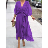 Fongt New Women's Solid Color With Long Skirt Bat Sleeve Irregular Dress