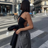 Black Backless Hollow Asymmetric Strap Bodysuit-Outfit