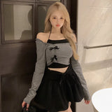 color Sweet One shoulder Ladies' two-piece set Irregular Ladies' top Bow-Outfit