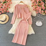 2023 Loose Round Collar Slim Short Knit Top Two Suit Slip Vest Dress Slim Dress-Outfit