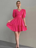 Puff Short Sleeve Summer Dresses Women Loose V-Neck Ruffle Solid Mini Sexy Party Elegant Mini Dress For Girl