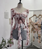 Irregular Kinking Of The Net Yarn Irregularly Kinked Lotus Lobe Slings Shoulder Horn Sleeve T-Shirt Short Top