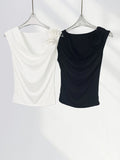 Fongt Rose Top Female Swing Collar Three-Dimensional Flower Sleeveless Vest Slim Show Thin Temperament Can Be A Word Shoulder T-Shirt-Outfit