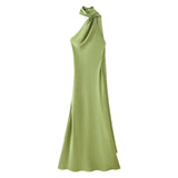 Fongt New Women's Fashion Simple Ribbon Hanging Neck-Laught Long Dress
