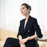 New Elegant Office Work Wear Pant Suits OL 2 Piece Sets Solid Blazer Jacket & Trousers Suit Set
