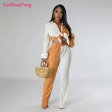 Loose Casual Women's Set Colored Toothpick Cloth Striped Long Sleeve Shirt Top Elastic Straight Leg Pants 2 Piece Set-Outfit