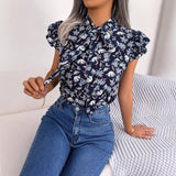 Fongt Shooting Spring And Summer Leisure Flowers And Wood Ears With Bow Chiffon Shirt Women's Clothing