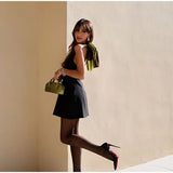Black Halter Green Bow Mini Dress-Outfit