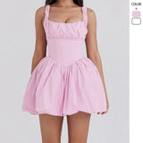 Fongt Summer New Women's Pure Color Temperament Bare Back Sexy Waist Repair Collar Dress Dress Woman