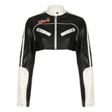 Fongt Cloth Forget Street Locomotive Wind Letter Print PU Leather Spliced Short Jacket Work Clothes Casual Leather Top