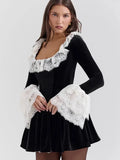Black Long Sleeve Lace Flare Mini Dress-Outfit