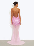 Fongt Women's V-Neck Sexy Suspension Slings Lown Repairs Beads Fishtail Dress 8106