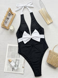 Fongt Bikini Bikini Black And White Contrast Color Bow Tie Band One-Piece Swimsuit D798RY-Outfit