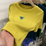 Screw Thread Cotton Solid Green Nice Mini T Shirts Brand Triangle Label Chic Crop Tops Office Ladies Basic Summer Large 2XL-Outfit