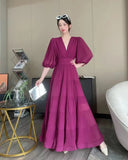 Fongt Seaside New Super Layer V-Neck Waist Temperament Famous 100 Fold Dress Short-Sleeved A-Word Dress Woman