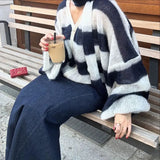 Stripe Oversized Cardigan With Neckerchief-Outfit