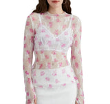 New Women's Lace Top Mesh Multi-Colored Bottom Shirt Sexy Hot Girl Trend