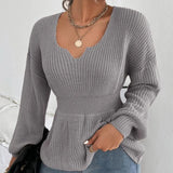 Fongt Sweater Women's Fashion V-Neck Jumper Solid Color Long Sleeve Flounces Closed Waist Women's
