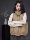 White Duck Down Down Vest Female 2024 Light Standing Collar Design Sense Draw Rope Warm Vest Wearing Casual Vest-Outfit
