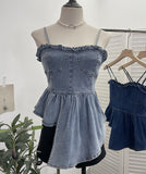 Real Shoot Hottie Vintage Cowboy Sling Vest Irregular Wood Ear Short-Term Waist Sleeveless Top