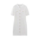 Fongt Women's New Fashion Round Collar Single Breasted Short Sleeve Show Thin Knit Mini Dress-Outfit